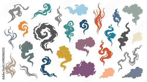 Collection of stylized smoke and steam elements in various colors and shapes for design overlays and effects