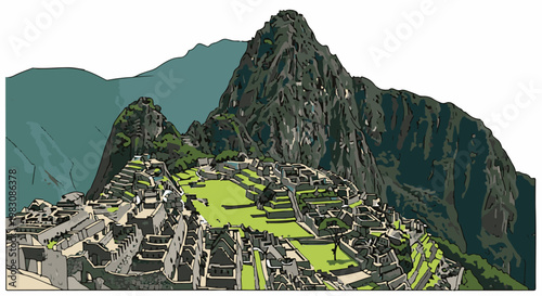 Ancient stone ruins on a green mountain slope, ancient civilization remains