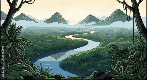 Lush jungle vista with a winding river flowing through mist-covered mountains