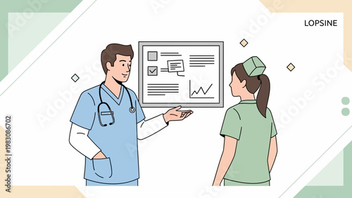 Doctor explaining medical chart to nurse in clinic, healthcare team meeting, presentation