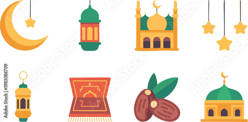 Ramadan Kareem and Eid Mubarak Islamic Icon Set Vector