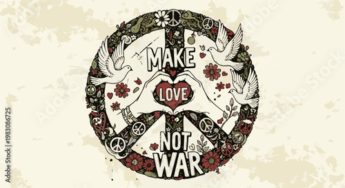Peace symbol with doves, hearts, and floral elements, conveying a message of love