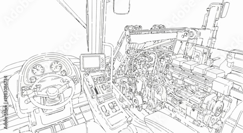 Detailed illustration of heavy machinery interior, focusing on controls and engine
