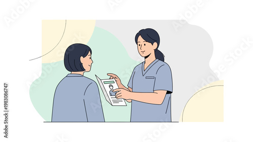 Doctor explaining medical report to patient in clinic, illustration