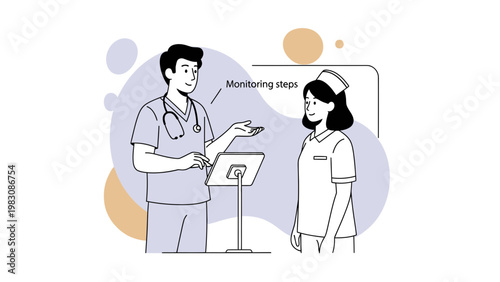 Doctor explaining monitoring steps to nurse on tablet, healthcare team collaboration