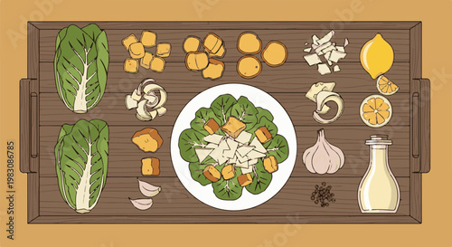 Overhead view of ingredients for a salad on a wooden tray