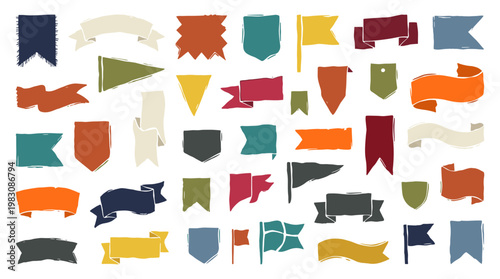 Collection of colorful hand drawn banners flags and pennants for design and decoration