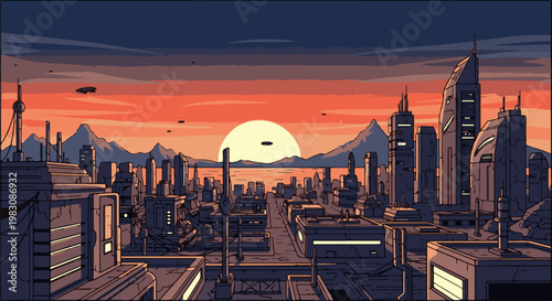 Pixel art cityscape at sunset with futuristic architecture and flying vehicles