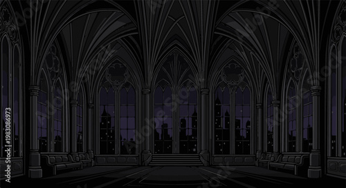 Pixel art gothic hall interior at night with city skyline visible through windows