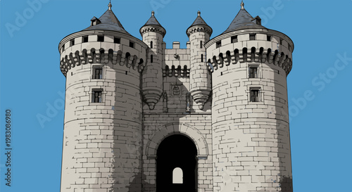 Imposing stone castle gatehouse with four turrets under blue sky