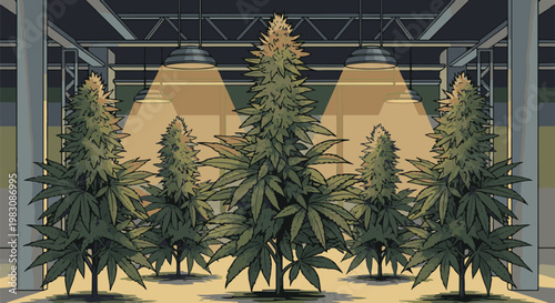 Indoor cultivation of lush cannabis plants under bright artificial lights