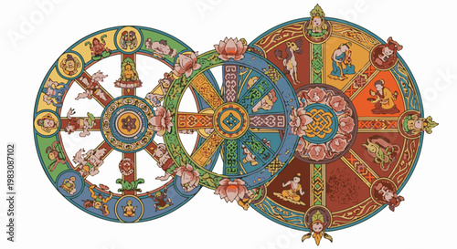 Intricate Buddhist dharma wheel symbols adorned with figures and flora