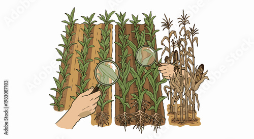 Hands examining corn growth stages, from seedlings to mature cobs