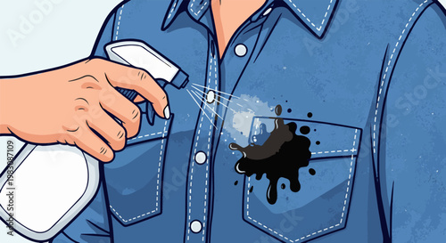 Hand spraying cleaning solution onto a black ink stain on denim shirt