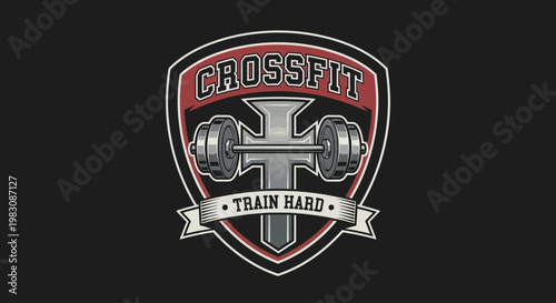 Crossfit emblem with barbell and motivational text