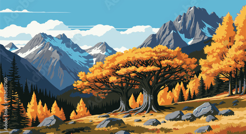 Pixelated autumn trees in a mountainous landscape with snow-capped peaks
