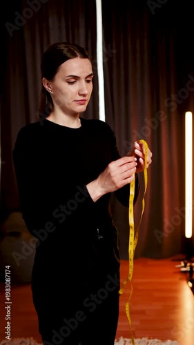 Woman measures body parts in front of mirror with tape measure at home