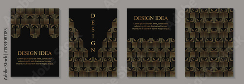 Modern geometric luxury black backgrounds for business or greeting cards with golden arches in art deco style.