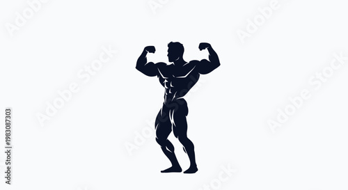 Powerful bodybuilder flexing muscles in a classic pose.