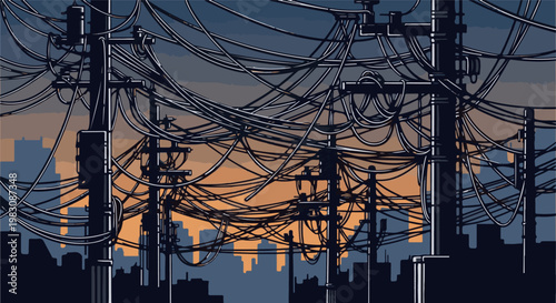 Pixelated urban skyline at dusk with dense overhead power lines
