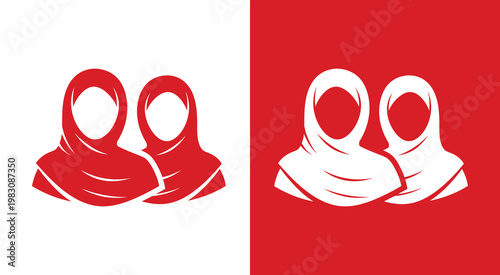 Two Women Wearing Hijab Silhouettes for Diversity and Inclusion Concept on Red and White Background