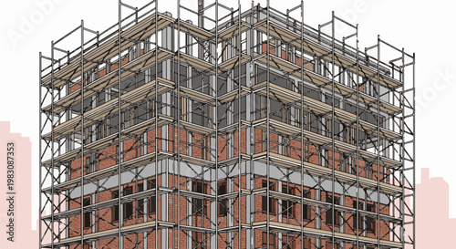 Multi-story building under construction, covered in scaffolding