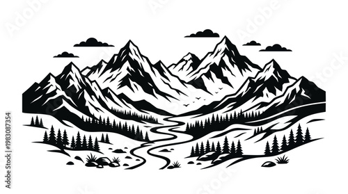 Mountain landscape vector illustration with peaks, forest, and winding path
