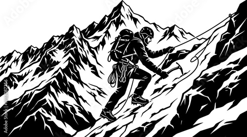 Determined Mountaineer Ascending a Steep Mountain Peak Vector Illustration
