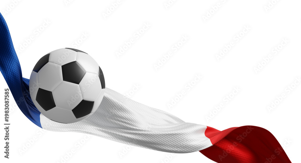 Fototapeta premium Soccer ball with waving french flag on transparent background with copy space 3D render