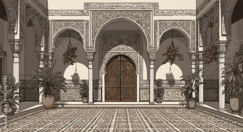 Ornate courtyard with arched walkways, tiled floor, potted plants, and grand doors