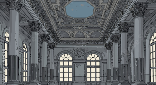 Ornate, grand interior with tall fluted columns and decorative ceiling