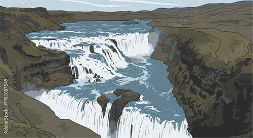 Stylized illustration of a wide, multi-tiered waterfall cascading into a gorge