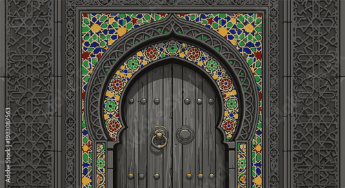 Ornate Islamic archway with traditional wooden doors and mosaic accents