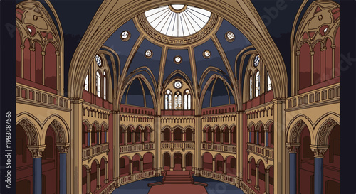 Ornate interior of a grand hall with a domed ceiling and arched galleries