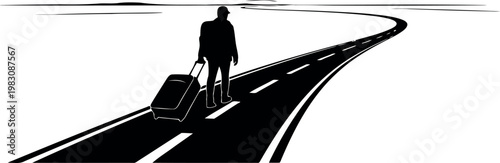 Person with luggage walking along winding roadway in silhouette style