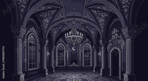 Ornate pixel art hall with gothic arches, chandelier, and crescent moon