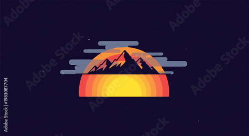 Stylized mountain range silhouette over a setting sun with clouds