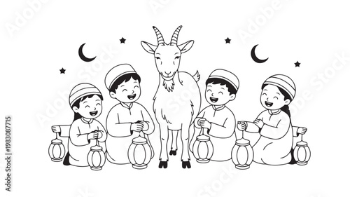 Children Wearing Traditional Attire Holding Lanterns With Goat Under Starry Night For Cultural Festive Concepts