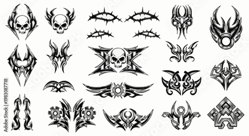 Collection of tribal, skull, and gear tattoo designs in black and white