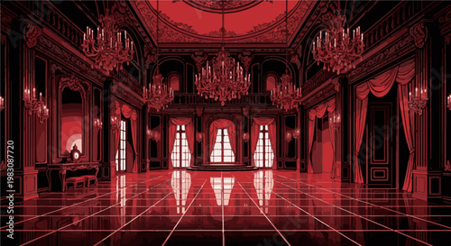 Pixel art opulent ballroom with chandeliers, red curtains, and reflections