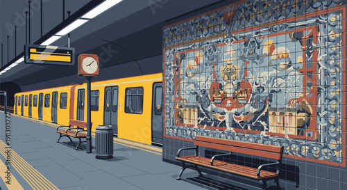 Pixel art subway station with yellow train, mosaic wall, and seating