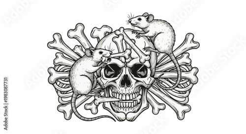 Two rats interact with a skull and crossbones