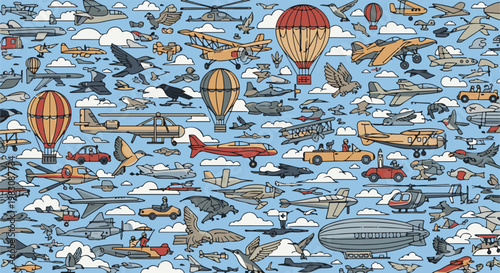 Pixelated cartoon sky filled with diverse aircraft and birds in flight