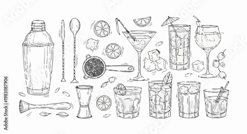 Sketch of bar tools and refreshing beverages with ice and garnishes
