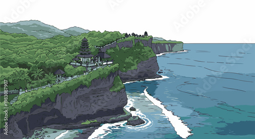 Cliffside temple complex overlooks lush green hills and blue ocean waves