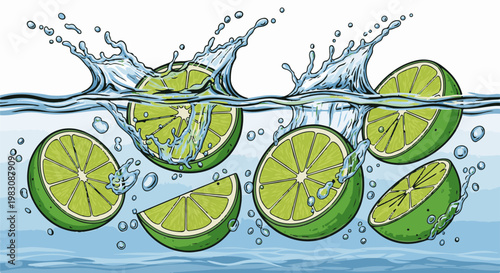 Bright green lime halves splash into clear blue water with bubbles