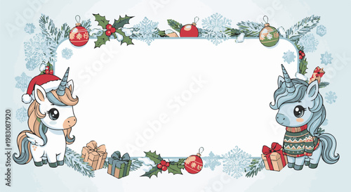 Whimsical unicorn frame with festive holiday adornments and gifts