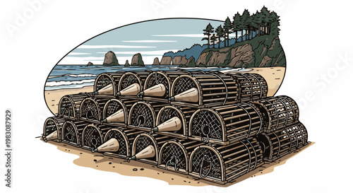 Stack of lobster traps on a beach with a coastal cliff and ocean backdrop