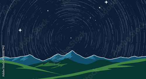 Star trails arc across a deep blue night sky above silhouetted mountains