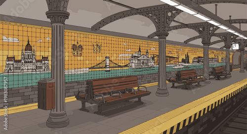 Stylized European metro station platform with city skyline mural
